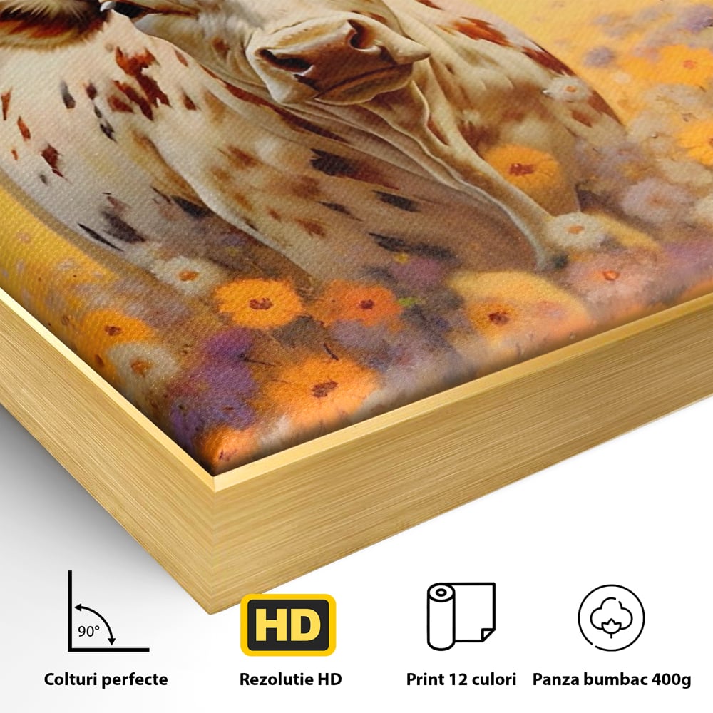 Detaliu al suprafetei: tablou canvas cu bivol cu coarne mari, in rama de aluminiu auriu